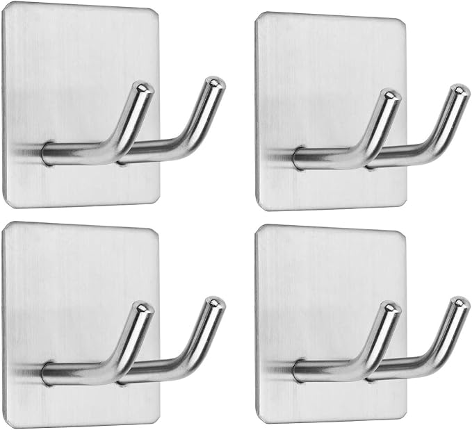 Adhesive Hooks, Stainless Steel Razor Holder Towel Hook for Bathroom, Heavy Duty Wall Hanger, Waterproof Anti-Skid Double Hanging Robe Hook 4-Pack