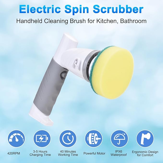 Electric Spin Scrubber, 18W 420RPM Handheld Cordless Cleaning Brush with 6 Brush Heads for Kitchen, Bathroom, IPX6 Water Proof Power Scrub Brush for Bathtub Sink Tile Floor (US