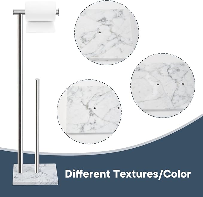 Toilet Paper Holder Stand with Weighted Natural Marble Base, Bathroom Free Standing Toilet Paper Roll Holder with Reserve, Standing Toilet Tissue Holder with Storage (Brushed Nickel, with Storage)