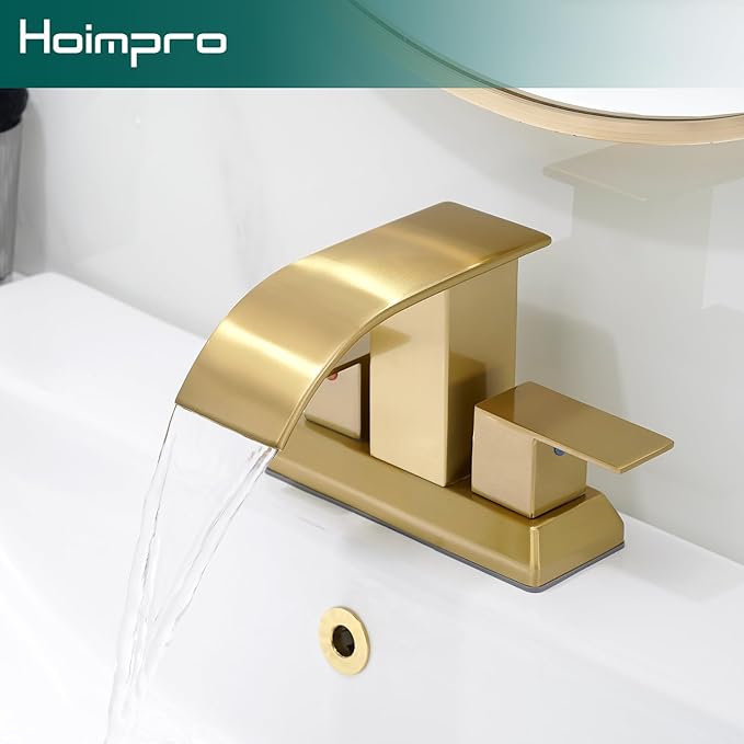 Hoimpro 3 Holes 4 Inch Bathroom Faucet, Waterfall Brushed Gold Two Handles Centerset Sink Faucet with cUPC Supply Hoses and Pop Up Drain