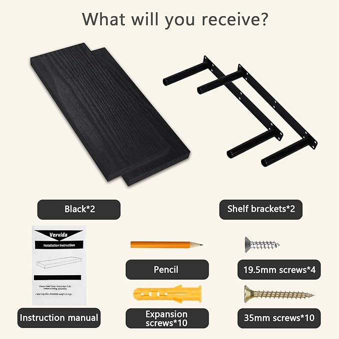 Vervida® Black Floating Shelves for Wall, Rustic Wood Wall Mounted Shelves with Invisible Brackets for Decor & Storage, Floating Shelf for Living Room, Bathroom (Set of 2)