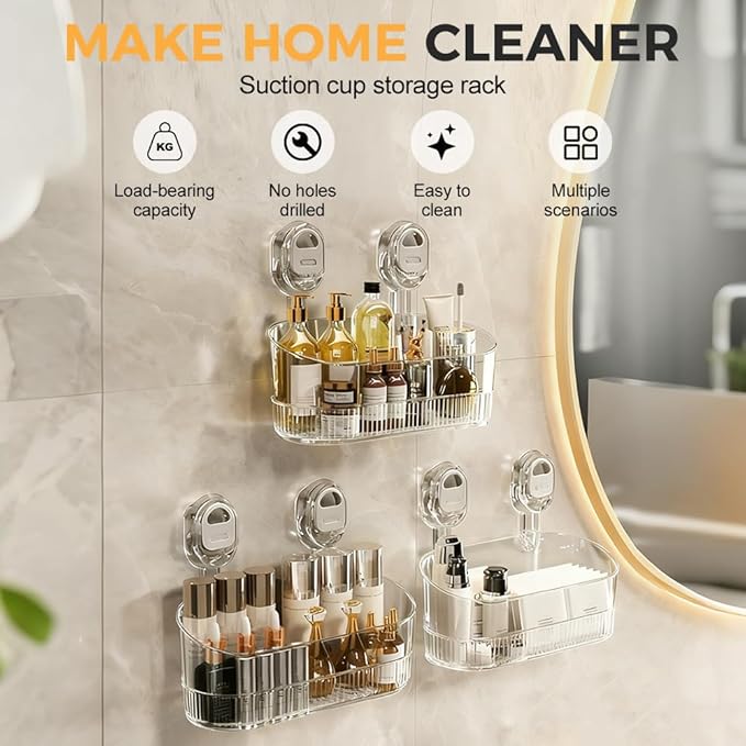 No Drill Bathroom Suction Storage Box, 2026 New Suction Cup Shelf, Multi Functional Wall-Mounted Organizer for Home Bathroom, Modern Transparent Storage Basket for Family (Gold)
