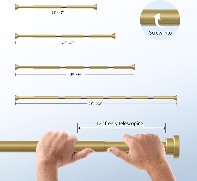 Shower Curtain Rod, 1" Diameter Heavy Duty Tension Shower Rod, Non Slip Adjustable 28-74 inch No Drilling Shower Curtain Rods Spring Tension For Bathroom, Shower Stall, No Rust, Chrome Gold