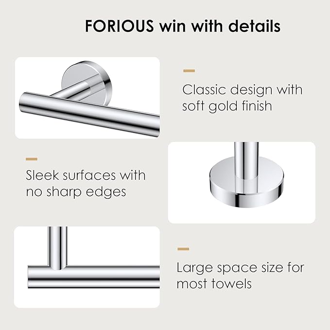 FORIOUS Towel Bar Wall Mounted, Stainless Steel Towel Racks for Bathroom, Includes Wall Mounting Hardware (Chrome, 32 Inch)