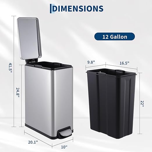 Garvee 12 Gal and 2.6 Gal Stainless Steel Trash Can Combo Set, Slim Garbage Can for Kitchen and Bathroom, Metal Trash Bin with Removable Inner Bucket & Step On Foot Pedal, Silver