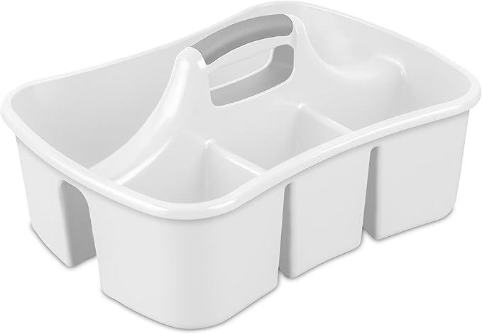 Divided Caddy, Easy Carry Handle, Handy Plastic Utility Storage, White - Multi-Compartment, Durable for Bathroom, Kitchen, Office & Craft Supplies