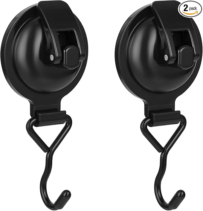 Heavy Duty Vacuum Wreath Cup Adhesive Hook,Hanging 13 lbs Robe Towel Hooks, Easy to Install and Remove, Super Suction for Kitchen， Bathroom and Restroom (Shiny Black, 2Pack)