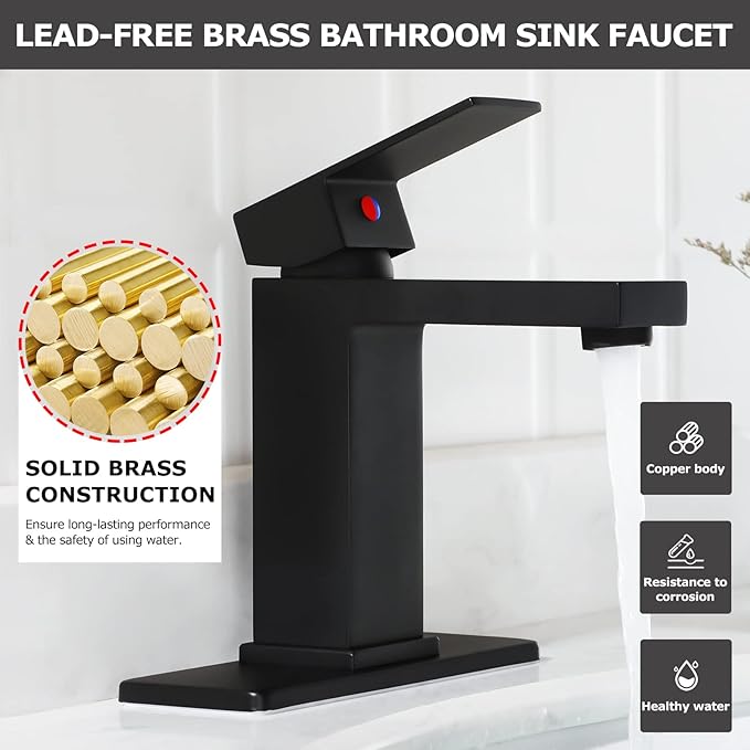 Brass Single-Handle Bathroom Sink Faucet with Escutcheon, Pop Up Drain Stopper & Water Supply Hoses, Matte Black, 14253
