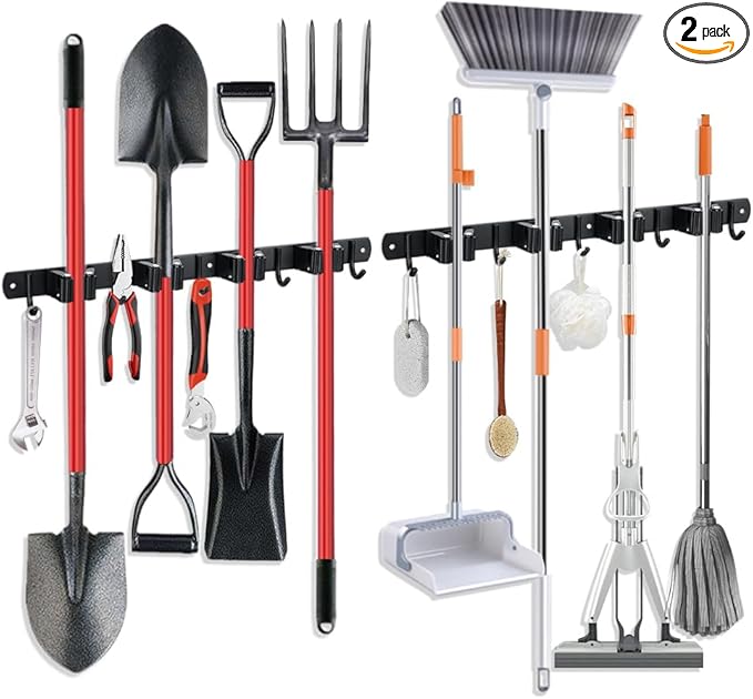 2 Pack Broom Hanger and Mop Holder, Heavy Duty Garden Tool Organizer Rack Rake and Shovel Handle, Stainless Steel Wall Mounted Utility Rack with Screws (4 Racks with 5 Hooks, Matte Black).