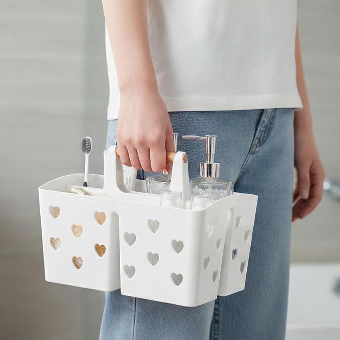 White Portable Shower Caddy with Handle, Large Plastic Shower Basket Organizer for College Dorm Room Essentials, Bathroom, Gym, Camping, Non-Slip Drainage Design for Toiletries & Cleaning Supplies
