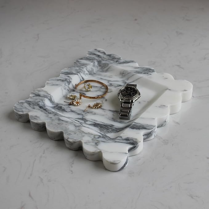 Natural Luxury Marble Tray with Scalloped Edge, Handmade Square Decorative Tray, Catch All Tray for Counter, Dresser, Nightstand and Home Décor