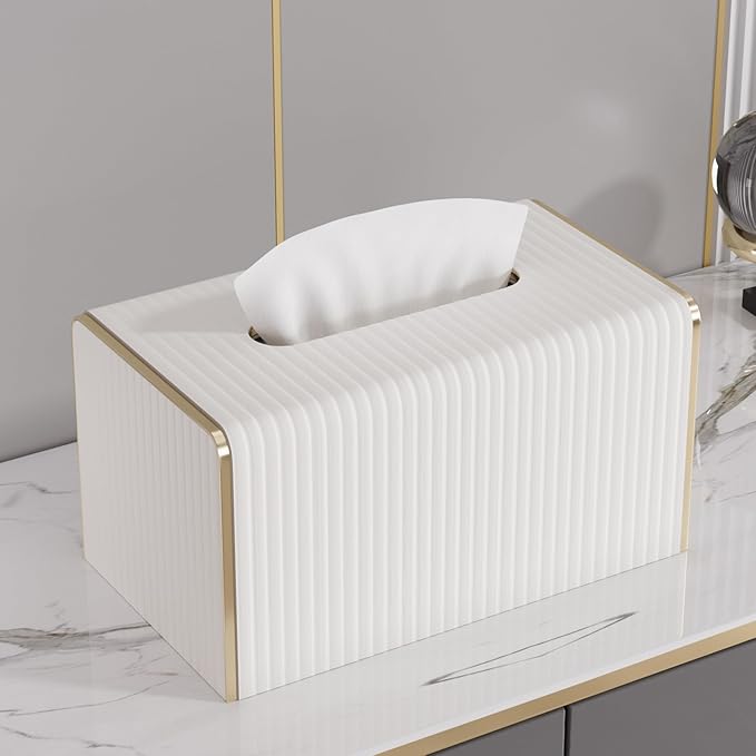 Extra Large Tissue Box Cover for Standard Size 180 to 230 Count Box of Tissues, PU Leather Rectangle Tissue Holder with Magnetic Closure， Gold-Tone Edging Decoration (Ivory)