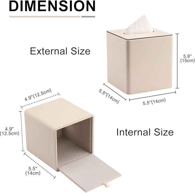 KINGFOM Leather Tissue Box Cover – Square Modern PU Leather Tissue Holder, Cube Tissue Dispenser for Home, Office, Bedroom, Bathroom – Elegant Minimalist Style (Beige-Square)