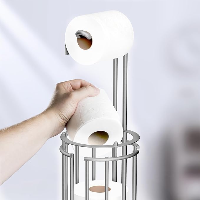 Meangood Toilet Paper Holder Stand and Tissue Paper Roll Dispenser for 4 Mega Rolls (Matte Silver)