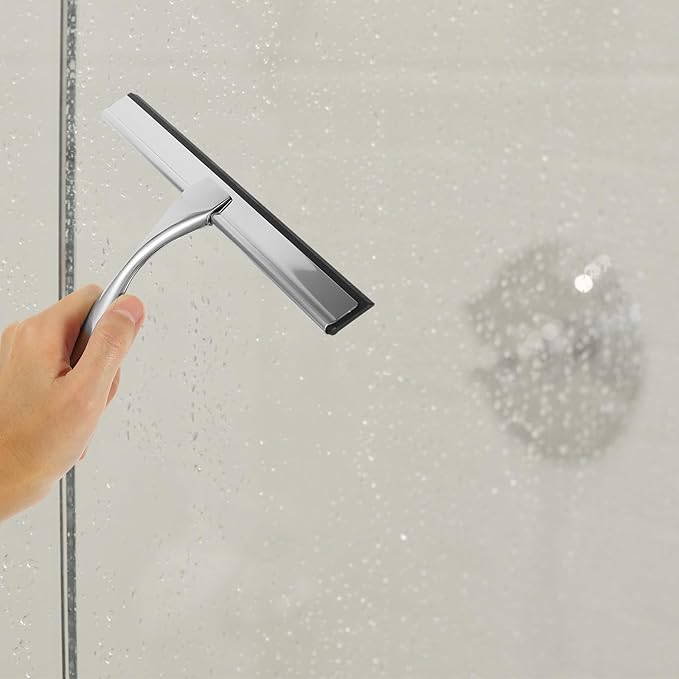 PRETYZOOM Glass Door Squeegee and Window Squeegee 10-inch Stainless Steel Blade with Nail-Free Adhesive Hook for Shower Doors Bathroom Mirrors Car Glass Cleaning