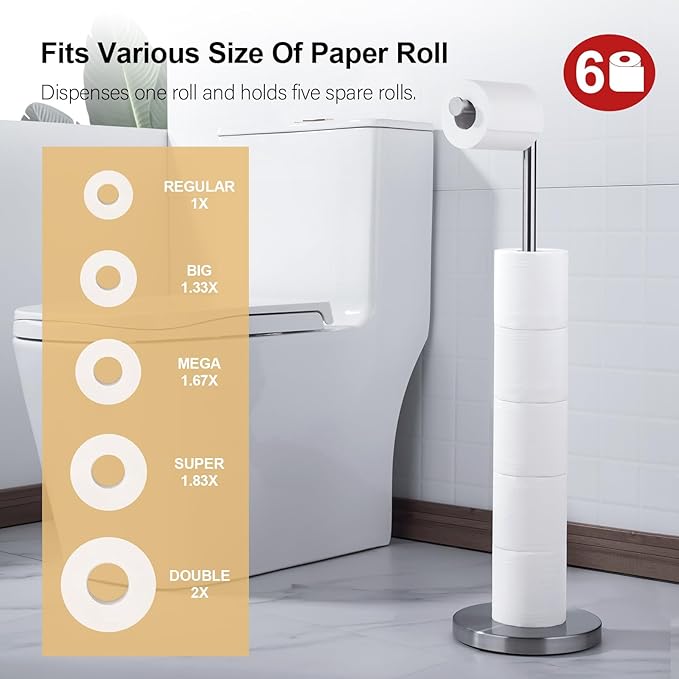 BAGNOLUX Bathroom Toilet Paper Holder Stand with Reserve, SUS304 Stainless Steel Rustproof Pedestal Tissue Roll Holder Heavy Duty, Brushed Nickel