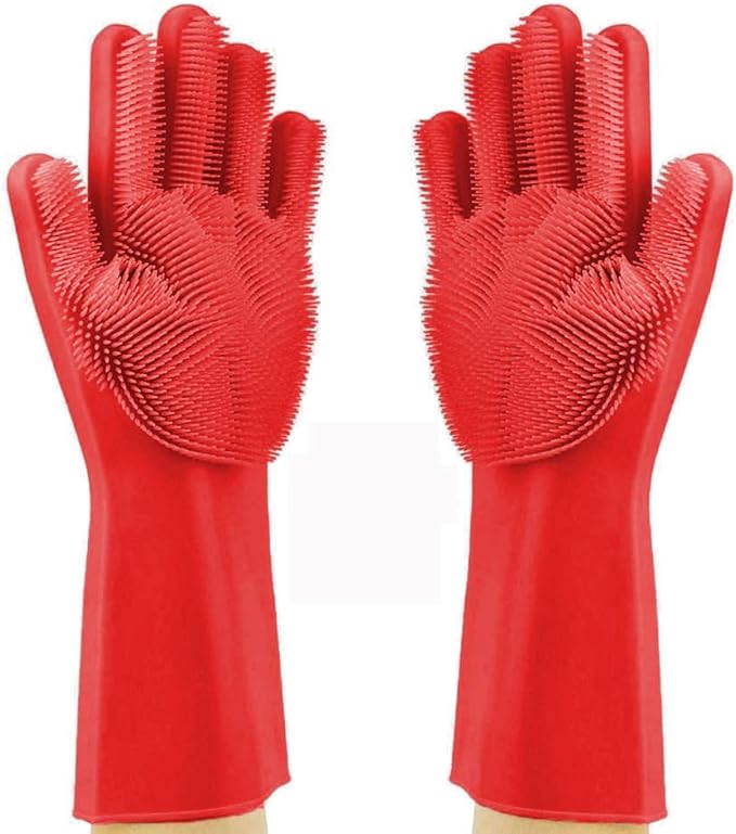Silicone Dishwashing Gloves, Pet Grooming Rubber Scrubbing for Dishes, Sponge Wash Cleaning with Scrubbers (13.6" L)