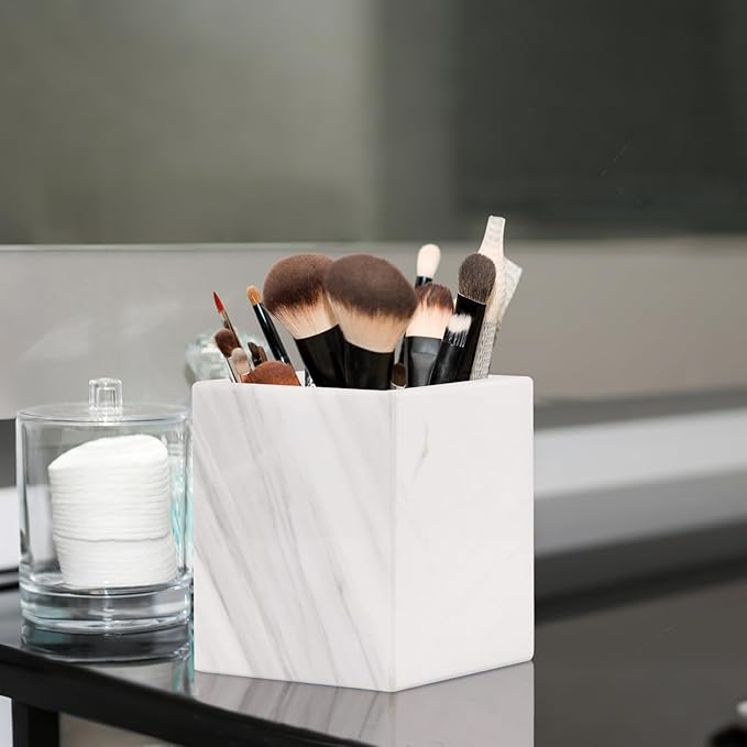 Natural Marble Toothbrush Holder for Bathroom Countertop (8.5x8.5x10cm) - Multifunctional Organizer for Makeup Brushes, Vanity Accessories & Utensils Sink (1, White)