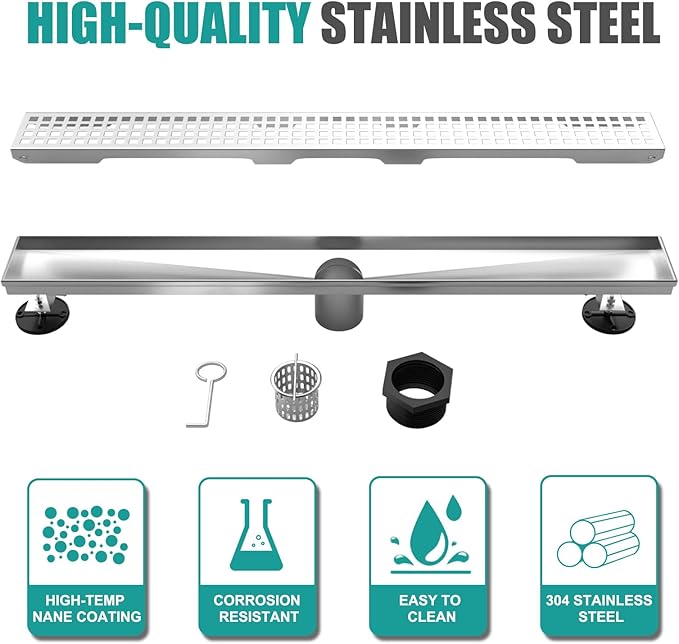 36 Inch Linear Drain Shower Rectangular Floor Drain with Removable Square Hole Cover and Hair Catcher, Long Shower Drains 304 Stainless Steel CUPC Certified (Brushed Nickel)