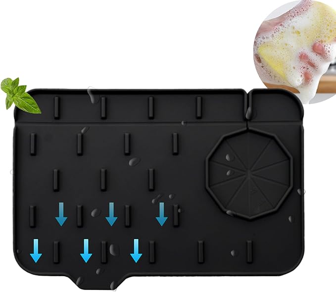 Mini Sink Splash Guard & Faucet Mat for Kitchen Sink Compact 8.3" Kitchen Faucet Splash Guard Mat, Small Kitchen Sink Organizer & Sponge Holder for Kitchen, Bathroom, Corner Sink (Black)