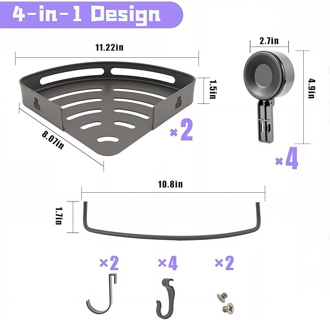 Corner Shower Caddy Suction Cup Shower Shelf Corner No Drilling Bathroom Shower Organizer Storage Rack Suction Cup Type with Towel Bar Hooks (Shower Caddy)