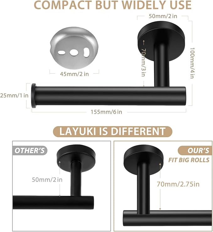 Toilet Paper Holder, Toilet Paper Roll Holder, Toilet Tissue Holder, Matte Black, Wall Mount, SUS304 Stainless Steel,Upgraded Size, Rustproof, for Bathroom/Washroom/Kitchen/RV/Camper