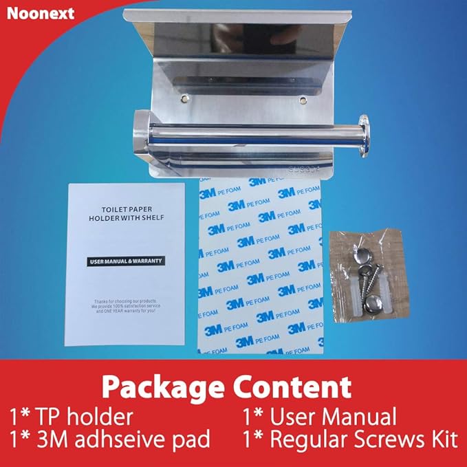 Noonext Toilet Paper Holder with Shelf Wall Mounted, Adhesive Toilet Paper Roll Holder, Stainless Steel Tissue Roll Dispenser Storage, Adhesive No Drilling Or Drilling with Screws (Polished Chrome)