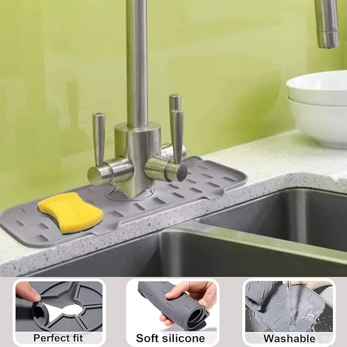 Silicone Faucet Sink Mat Sink Splash Guard, Sink Drain Pad Behind Faucet, Bathroom Drip Protector Splashback Countertop Protection Faucet Handle drip Catcher (Grey 2pcs)