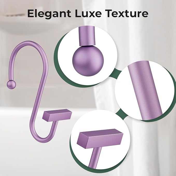 Purple Shower Curtain Hooks, Bathway Shower Curtain Rings Rust Proof, 12PCS Shower Hooks for Shower Curtain, T-Bar Design Convenient Elegant Shower Curtain Hangers for Bathroom Kitchen Wardrobe