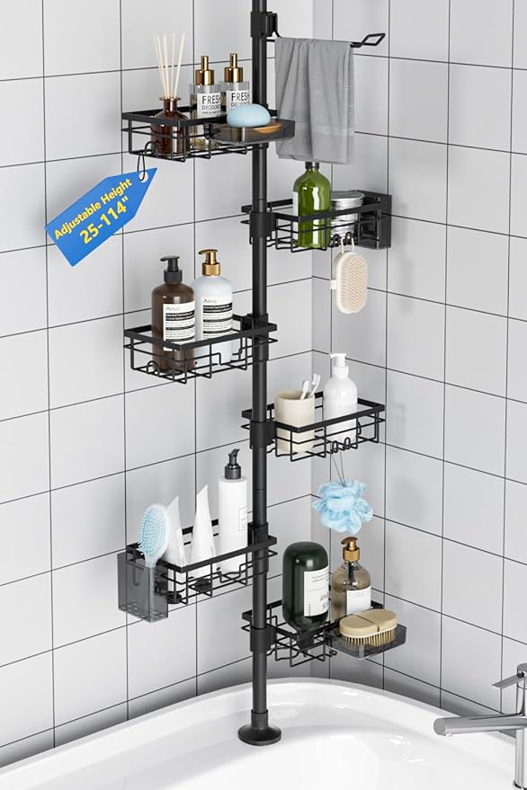 GearFusion Shower Caddy Organizer Tension Pole, Rustproof 4 Tier Corner Shower Rack with 25–114 Inch Adjustable Height for Bathroom Storage, Extra Towel Rack, Soap Dish and Toothbrush Holder, Black