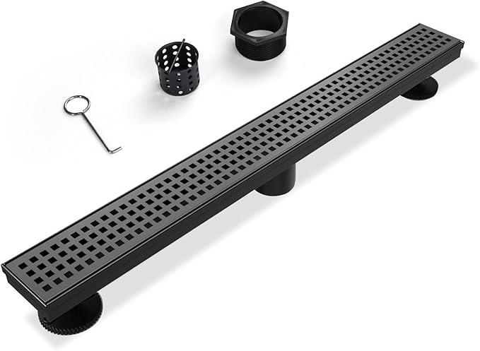 SaniteModar Linear Shower Drain, Matte Black Shower Drain 32 inch with Removable Grate,Brushed 304 Stainless Steel Shower Drain Include Hair Strainer,Adjustable Leveling Feet