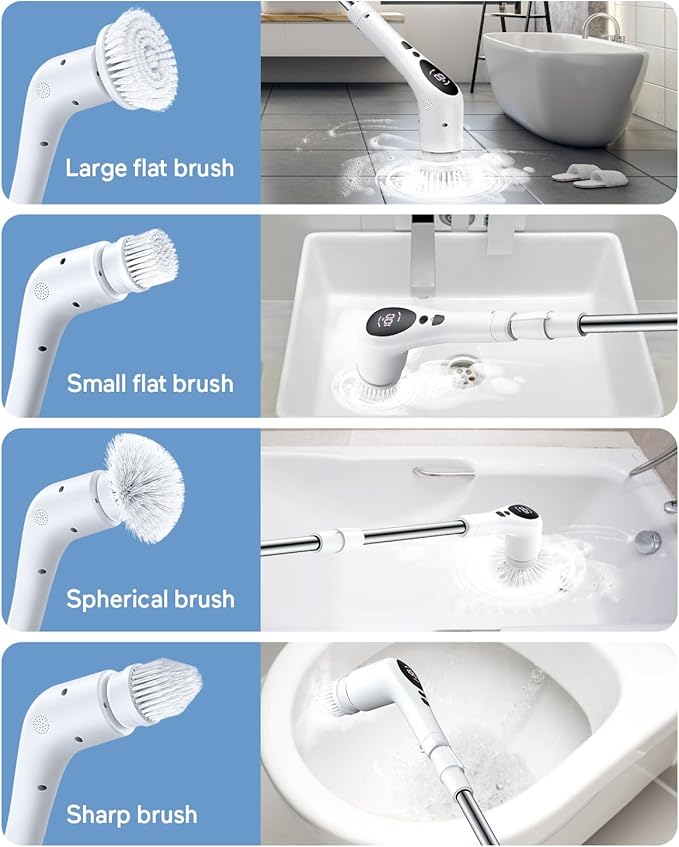 Electric Spin Scrubber, Cordless Voice Prompt Cleaning Brush with 9 Replaceable Brush Heads, 3 Adjustable Speeds Shower Scrubber with Extension Long Handle for Bathroom Floor Tile