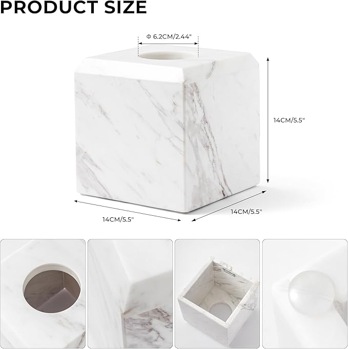 WORHE Tissue Box Cover Italy Natural Marble Heavy Duty Square Facial Toilet Paper Holder for Bathroom Living Room Bedroom Dresser Vanity Kitchen Minimalistic Office Home Decor Jazz White (WH014)
