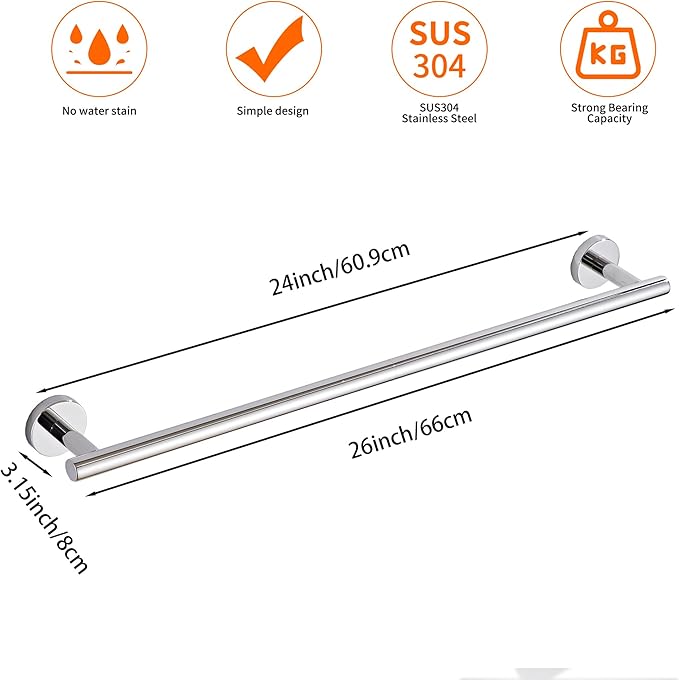 Bathroom Towel Bar, 24-Inch Towel Rack for Bathroom Wall Mounted, Chrome Thicken SUS304 Stainless Steel Towel Rod Modern Home Decor(Total Length 26-Inch)