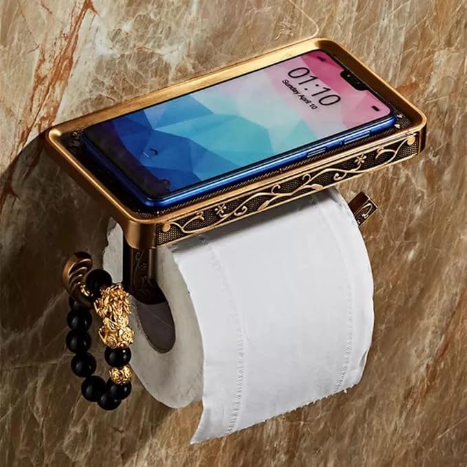 Vintage Carved Floral Toilet Paper Holder with Shelf - Antique Brass Finish Aluminum Bathroom Organizer, Wall Mounted Decorative Roll Holder for Bathroom/Vanity (7.24" Phone Shelf)
