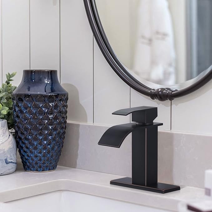 Oil Rubbed Bronze Bathroom Faucet: ARCORA Waterfall Spout Faucet for Bathroom Sink Single Handle Mixer Tap Lavatory Vanity Sink Faucet with Deck Plate and Pop Up Drain, 1 or 3 Hole