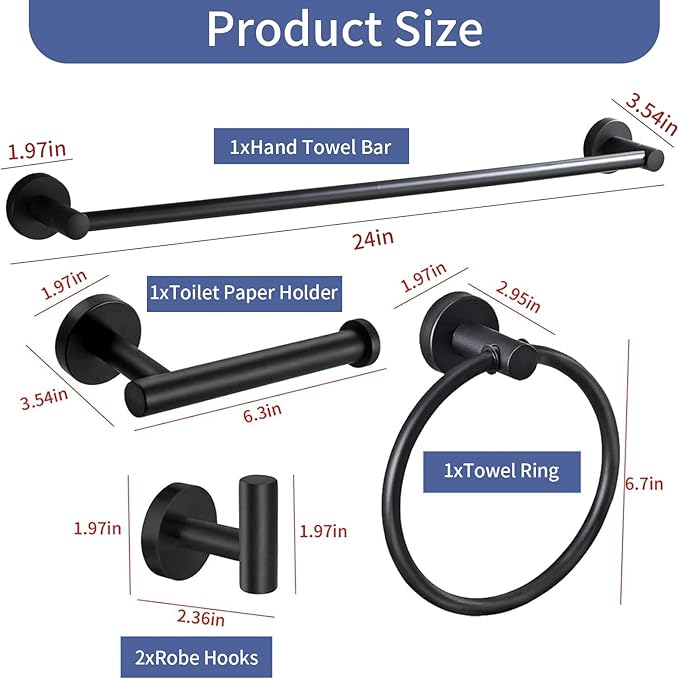 5-Pieces Matte Black Bathroom Hardware Accessories Set,SUS304 Stainless Steel 24-Inch Towel Bar Set, Modern Towel Racks Holder for Bathroom Wall Mounted