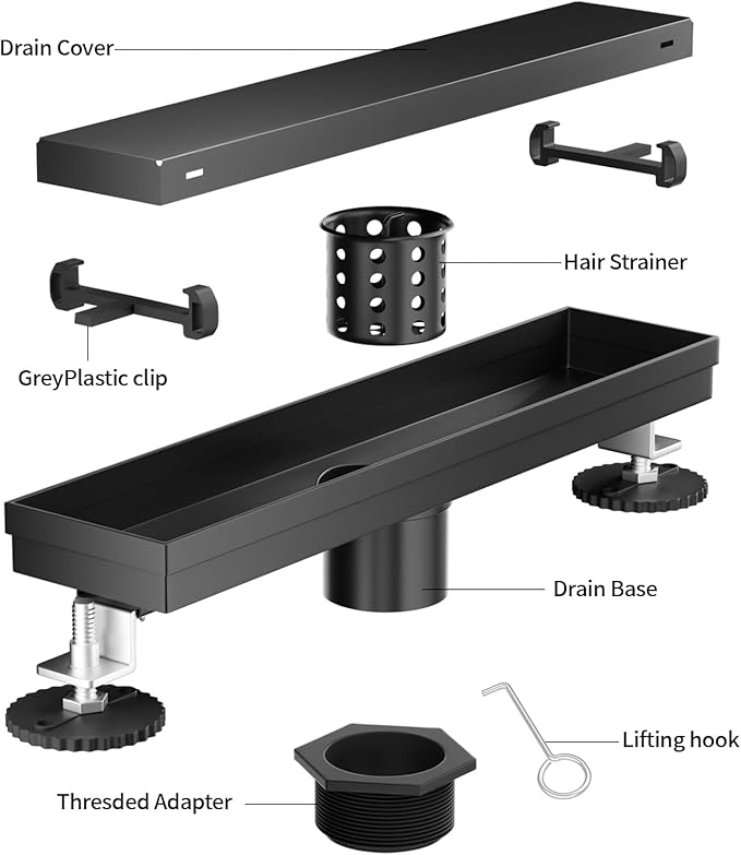 Linear Shower Drain, 304 Stainless Steel with Adjustable Leveling Feet, Hair Strainer,Reversely Install Place to Create an Invisible Floor Drain - Black -18-Inch