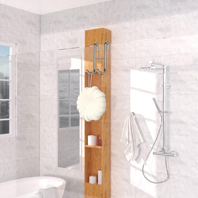 Over Shower Glass Door Hooks, 3 Pack Silver 304 Stainless Steel Shower Door Hooks, Bathroom Frameless Drilling-Free Hanger, Towel Hooks, for Bathing Suits, Robe, Towel, Squeegee, Loofah, Shaver