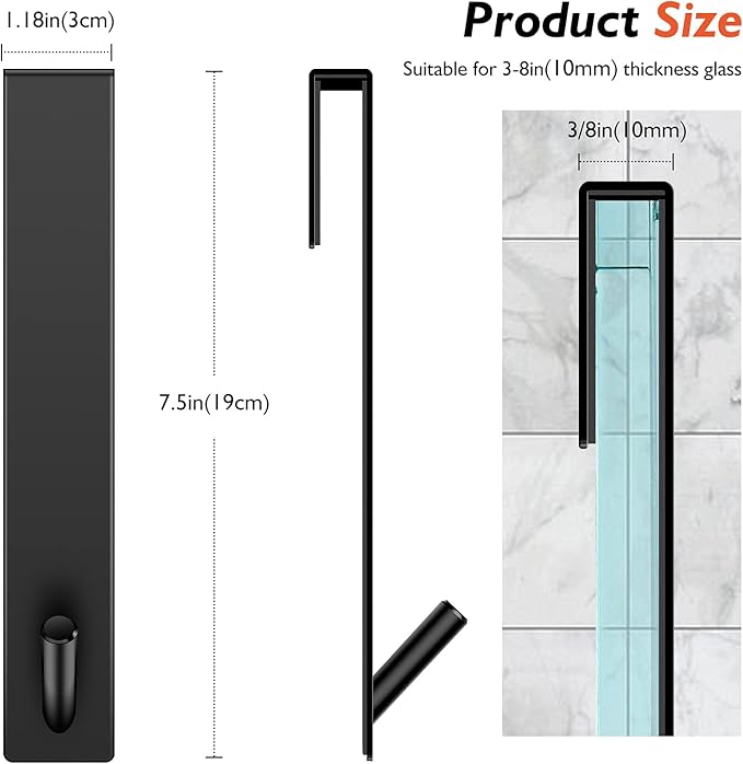 Shower Door Hooks(7.5 Inch),Extended Over Door Hooks for Bathroom Frameless Glass Shower Door,Stainless Steel Towel Hooks,Heavy Duty Rack Hooks for Robe,Towel-2 Pack-Black