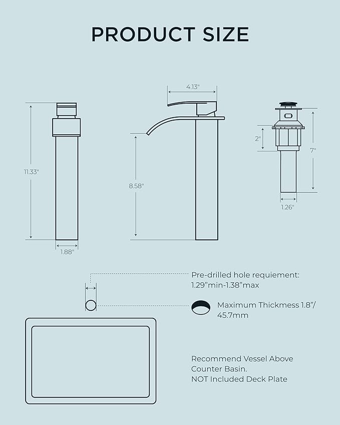 FORIOUS Waterfall Bathroom Vessel Sink Faucets with Metal Pop up Drain and Lead-Free cUPC Hose, Chrome Single Handle Tall Bathroom Faucet 1 Hole, 11inch for Bath,Vessel