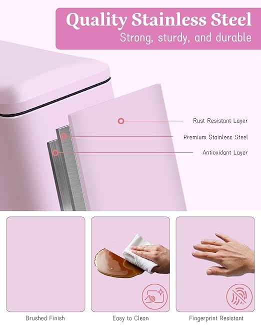 1.3 Gallon Trash Can with Removable Inner Bucket, Pink Trash Can with Soft Close lid, Stainless Steel Step Pedal Garbage Can for Bathroom, Living Room