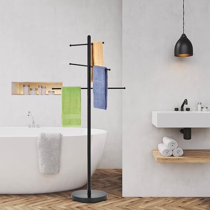 MyGift 6 Bar Outdoor Towel Rack for Pool, Modern Black Metal Free Standing Hot Tub Bathroom Accessories Storage Holder for Bath Towels, SPA & Poolside Towel Stand with Round Weighted Base
