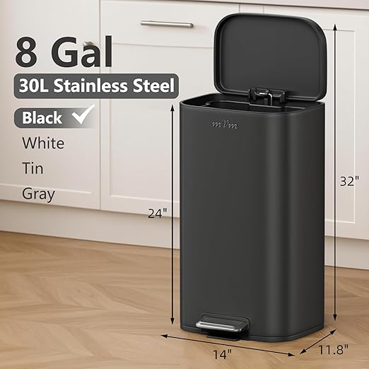 mVm 8 Gallon Trash Can Set, Tall and Small Black Trash Can 13 Gal Set, Smooth Edge Garbage Bin for Home Office (Black)