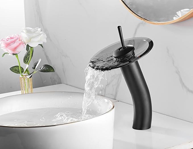 Waterfall Vessel Faucet, Black, 1 Hole, Lead-Free Solid Brass, Temperature and Flow Control with One Lever Handle
