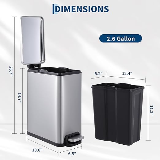 Garvee 12 Gal and 2.6 Gal Stainless Steel Trash Can Combo Set, Slim Garbage Can for Kitchen and Bathroom, Metal Trash Bin with Removable Inner Bucket & Step On Foot Pedal, Silver