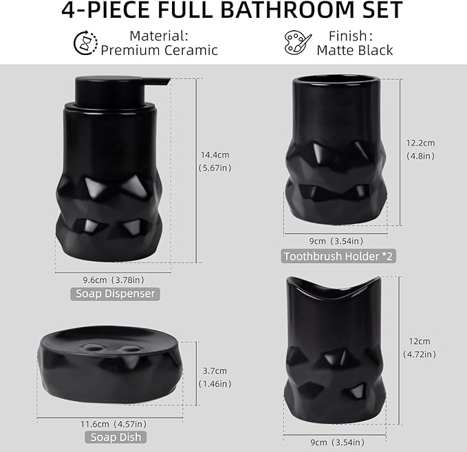 BosilunLife Modern Ceramic Bathroom Accessories Set, Bathroom Counter Set Matte Black Bathroom Decor Sets Accessories Bathroom Foam Soap Dispenser, Toothbrush Holder Set, Soap Dish, Apothecary Jars