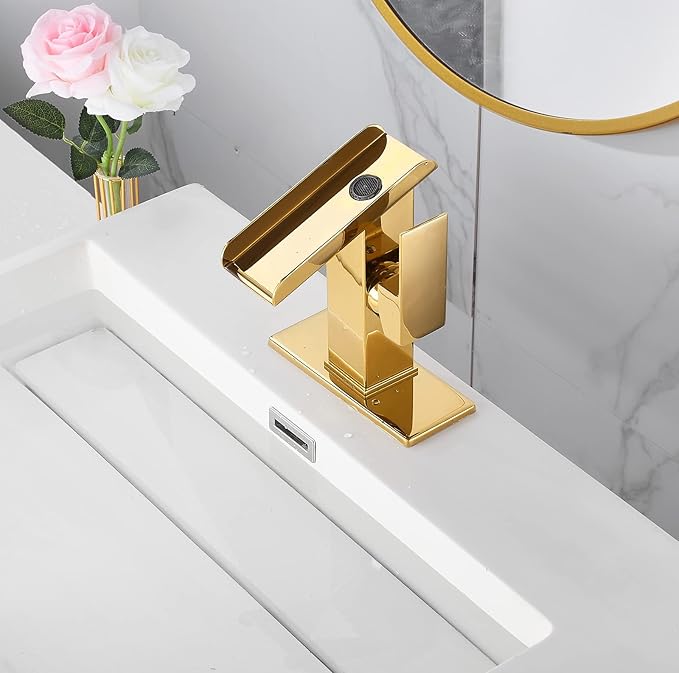 Gold Bathroom Faucets LED Waterfall Spout One Hole RGB 3 Colors Light Changing Lavatory Vanity Sink Faucet Brass Single Handle Modern Washbasin Bath Basin Tap Contemporary with Water Supply Lines