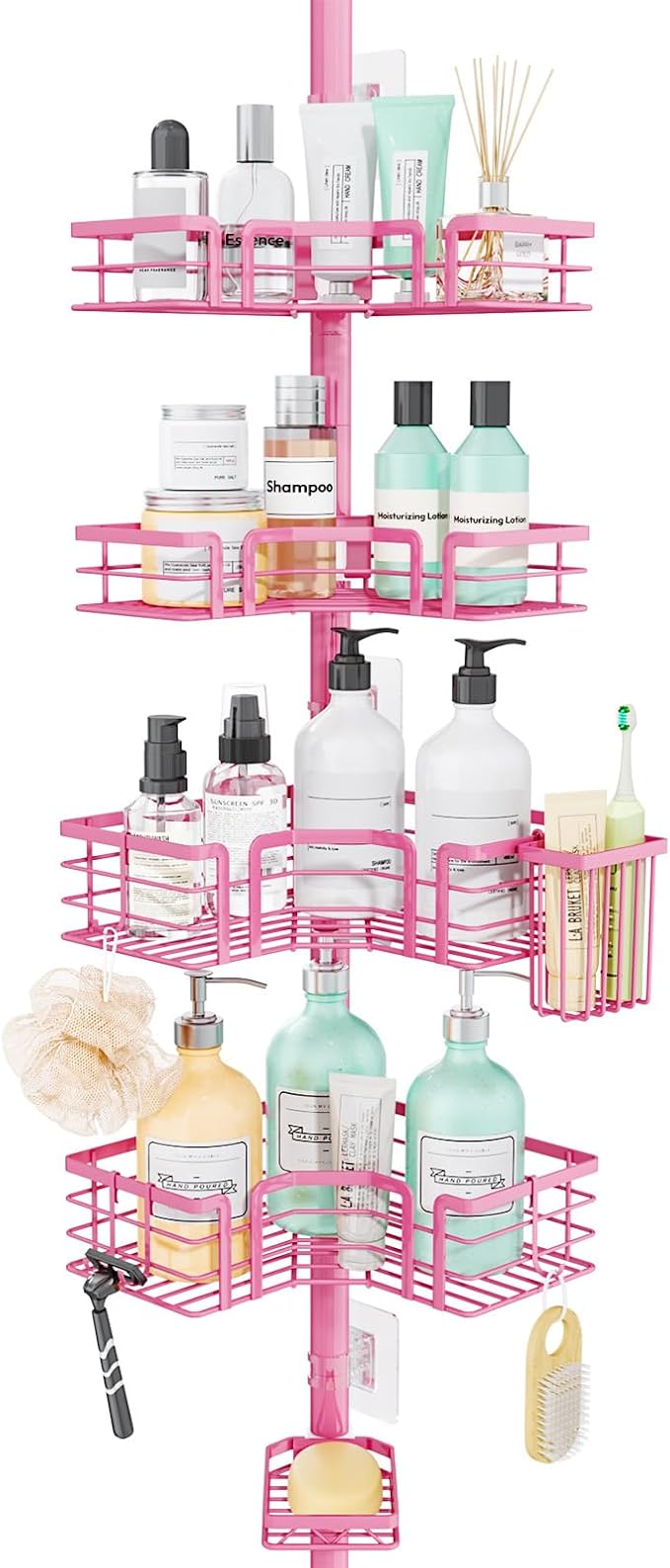 SWTYMIKI Shower Caddy Tension Pole - 4-Tier Corner Shower Organizer Tension Rod with Soap Holder, Toothbrush Holder & 4 Hooks, Adjustable Stainless Steel Bathroom Organizer 27.6 to 108.3 inch, Pink