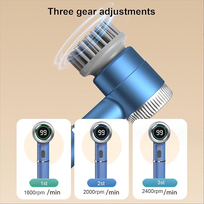 Sorandy Electric Cleaning Brush, IPX7 Water Proof Cordless Rechargeable Scrubber with 5 Interchangeable Heads 3 Speed Settings 2000mAh Battery LED Display for Kitchen Bathroom